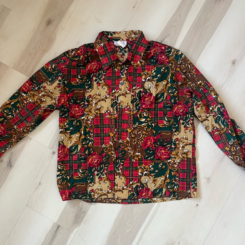 Vintage 80’s Floral Plaid Button-Up Shirt With Shoulder Pads.